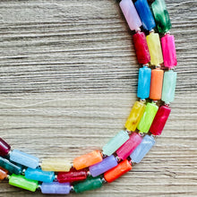 Load image into Gallery viewer, Rainbow Necklace, 3 Strand Statement Jewelry, Colorful Chunky bib bridesmaid or everyday bubble jewelry, acrylic beaded resin bead