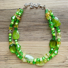 Load image into Gallery viewer, Lime & Forest Green Chunky Statement Necklace, green beaded necklace, bubble jewelry, multi color jewelry multi strand necklace, bib chunky