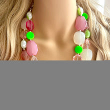 Load image into Gallery viewer, Watermelon Salt Necklace, Pink & Green Chunky Statement Necklace, green pink beaded necklace jewelry, multi color strand bib chunky