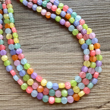 Load image into Gallery viewer, Rainbow Chunky Statement Necklace, 3 layer multi Strand Beaded Jewelry, blue pink green yellow jewelry, spring necklace, Easter statement
