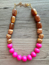 Load image into Gallery viewer, Wood Animal Print Chunky Statement Necklace, gold bib necklace, pink acetate resin bubblegum necklace, wedding bridesmaid chunky brown
