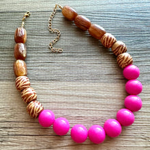Load image into Gallery viewer, Wood Animal Print Chunky Statement Necklace, gold bib necklace, pink acetate resin bubblegum necklace, wedding bridesmaid chunky brown