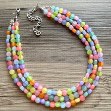 Load image into Gallery viewer, Rainbow Chunky Statement Necklace, 3 layer multi Strand Beaded Jewelry, blue pink green yellow jewelry, spring necklace, Easter statement