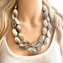 Load image into Gallery viewer, Mirror Silver 2 strand jewelry, bib beaded chunky statement necklace, bridesmaid metallic silver geometric gray oval earrings set