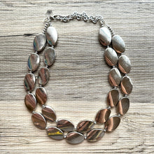 Load image into Gallery viewer, Mirror Silver 2 strand jewelry, bib beaded chunky statement necklace, bridesmaid metallic silver geometric gray oval earrings set