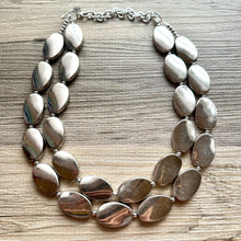 Load image into Gallery viewer, Mirror Silver 2 strand jewelry, bib beaded chunky statement necklace, bridesmaid metallic silver geometric gray oval earrings set