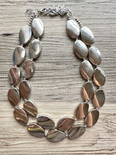 Load image into Gallery viewer, Mirror Silver 2 strand jewelry, bib beaded chunky statement necklace, bridesmaid metallic silver geometric gray oval earrings set