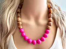 Load image into Gallery viewer, Wood Animal Print Chunky Statement Necklace, gold bib necklace, pink acetate resin bubblegum necklace, wedding bridesmaid chunky brown
