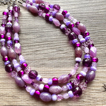 Load image into Gallery viewer, Purple Ombré statement necklace, chunky bib necklace, beaded jewelry lavender necklace, three strand deep purple jewelry eggplant