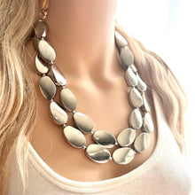 Load image into Gallery viewer, Mirror Silver 2 strand jewelry, bib beaded chunky statement necklace, bridesmaid metallic silver geometric gray oval earrings set