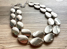 Load image into Gallery viewer, Mirror Silver 2 strand jewelry, bib beaded chunky statement necklace, bridesmaid metallic silver geometric gray oval earrings set