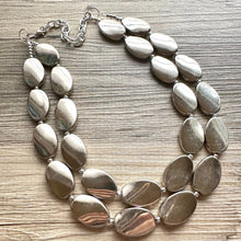 Load image into Gallery viewer, Mirror Silver 2 strand jewelry, bib beaded chunky statement necklace, bridesmaid metallic silver geometric gray oval earrings set