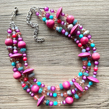 Load image into Gallery viewer, Mardi Gras Statement Necklace, chunky bib beaded jewelry dark pink wood necklace, beaded acrylic vintage turquoise blue glitter coral purple