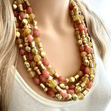 Load image into Gallery viewer, Golden Champagne Bubbles Elegance Extra Chunky Statement Necklace, tan gold beaded jewelry, Multi Strand 5 Bib Necklace, Beaded necklace