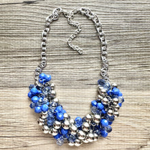 Load image into Gallery viewer, Blue Water Bubble Ombré Silver & Royal Cluster Necklace, Game Day Bridesmaid Jewelry periwinkle dressy necklace beaded statement bib