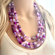 Load image into Gallery viewer, Purple Ombré statement necklace, chunky bib necklace, beaded jewelry lavender necklace, three strand deep purple jewelry eggplant