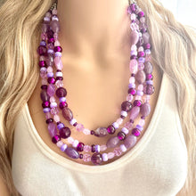 Load image into Gallery viewer, Purple Ombré statement necklace, chunky bib necklace, beaded jewelry lavender necklace, three strand deep purple jewelry eggplant