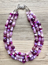 Load image into Gallery viewer, Purple Ombré statement necklace, chunky bib necklace, beaded jewelry lavender necklace, three strand deep purple jewelry eggplant