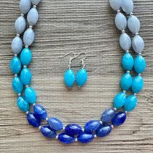 Load image into Gallery viewer, Blue Ombré statement necklace, chunky light blue necklace earrings, royal bib necklace, aqua turquoise jewelry, beaded blue necklace jewelry
