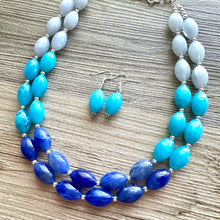 Load image into Gallery viewer, Blue Ombré statement necklace, chunky light blue necklace earrings, royal bib necklace, aqua turquoise jewelry, beaded blue necklace jewelry