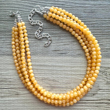 Load image into Gallery viewer, Genuine Mustard Jade Statement Necklace, Chunky 5 Strand Jewelry, silver necklace, thick collar beaded bib glass marigold yellow gemstone