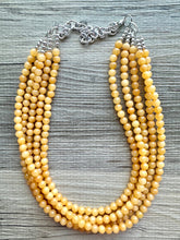 Load image into Gallery viewer, Genuine Mustard Jade Statement Necklace, Chunky 5 Strand Jewelry, silver necklace, thick collar beaded bib glass marigold yellow gemstone