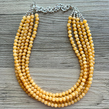 Load image into Gallery viewer, Genuine Mustard Jade Statement Necklace, Chunky 5 Strand Jewelry, silver necklace, thick collar beaded bib glass marigold yellow gemstone