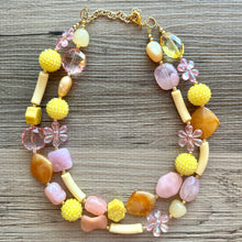 Load image into Gallery viewer, Summer Porch Necklace, multi strand colorful jewelry, big beaded chunky statement necklace, blush pink peach necklace, yellow jewelry