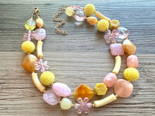Load image into Gallery viewer, Summer Porch Necklace, multi strand colorful jewelry, big beaded chunky statement necklace, blush pink peach necklace, yellow jewelry