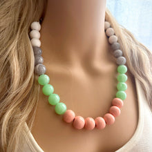 Load image into Gallery viewer, Garden Walk Statement Necklace, Chunky Beaded Jewelry, Spring single strand Necklace, mint green beaded pink white gray bubblegum wood