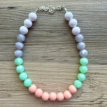 Load image into Gallery viewer, Garden Walk Statement Necklace, Chunky Beaded Jewelry, Spring single strand Necklace, mint green beaded pink white gray bubblegum wood