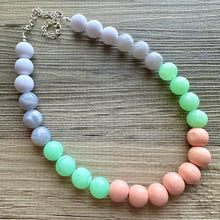 Load image into Gallery viewer, Garden Walk Statement Necklace, Chunky Beaded Jewelry, Spring single strand Necklace, mint green beaded pink white gray bubblegum wood
