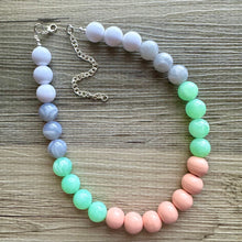 Load image into Gallery viewer, Garden Walk Statement Necklace, Chunky Beaded Jewelry, Spring single strand Necklace, mint green beaded pink white gray bubblegum wood