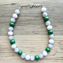 Load image into Gallery viewer, Green & White Statement Necklace, football jewelry, dark green bib chunky necklace, sports team gray ombré white beaded necklace silver