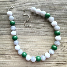 Load image into Gallery viewer, Green & White Statement Necklace, football jewelry, dark green bib chunky necklace, sports team gray ombré white beaded necklace silver