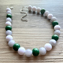 Load image into Gallery viewer, Green & White Statement Necklace, football jewelry, dark green bib chunky necklace, sports team gray ombré white beaded necklace silver