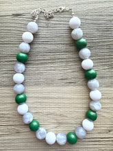 Load image into Gallery viewer, Green & White Statement Necklace, football jewelry, dark green bib chunky necklace, sports team gray ombré white beaded necklace silver