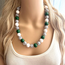 Load image into Gallery viewer, Green & White Statement Necklace, football jewelry, dark green bib chunky necklace, sports team gray ombré white beaded necklace silver