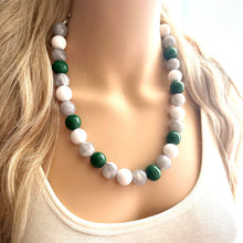 Load image into Gallery viewer, Green & White Statement Necklace, football jewelry, dark green bib chunky necklace, sports team gray ombré white beaded necklace silver