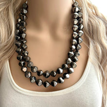 Load image into Gallery viewer, Rising Tides Statement Necklace, Gunmetal Gray mirror, silver geometric 2 strand Chunky edge Beaded bib thick neutral