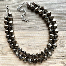 Load image into Gallery viewer, Rising Tides Statement Necklace, Gunmetal Gray mirror, silver geometric 2 strand Chunky edge Beaded bib thick neutral