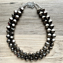 Load image into Gallery viewer, Rising Tides Statement Necklace, Gunmetal Gray mirror, silver geometric 2 strand Chunky edge Beaded bib thick neutral