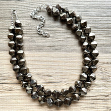 Load image into Gallery viewer, Rising Tides Statement Necklace, Gunmetal Gray mirror, silver geometric 2 strand Chunky edge Beaded bib thick neutral