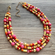 Load image into Gallery viewer, Fiesta Summer Chunky Statement Necklace, pink yellow orange beaded jewelry, Multi Strand Bib Resin Beaded necklace glitter peach red