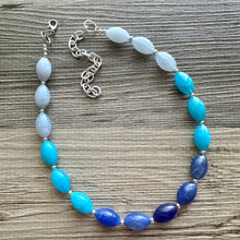 Load image into Gallery viewer, Blue Ombré statement necklace, 1 strand chunky light blue necklace earrings, royal bib necklace, aqua turquoise jewelry, beaded blue