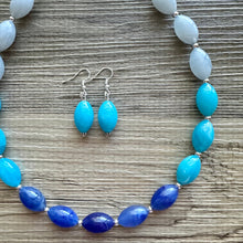 Load image into Gallery viewer, Blue Ombré statement necklace, 1 strand chunky light blue necklace earrings, royal bib necklace, aqua turquoise jewelry, beaded blue