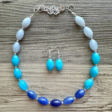 Load image into Gallery viewer, Blue Ombré statement necklace, 1 strand chunky light blue necklace earrings, royal bib necklace, aqua turquoise jewelry, beaded blue