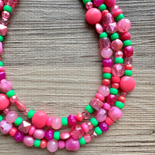 Load image into Gallery viewer, Anna Marie’s Chunky Statement Necklace, Big beaded jewelry, Triple Strand bib chunky Necklace, pink green coral jewelry, beaded jewelry