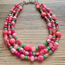 Load image into Gallery viewer, Anna Marie’s Chunky Statement Necklace, Big beaded jewelry, Triple Strand bib chunky Necklace, pink green coral jewelry, beaded jewelry