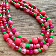 Load image into Gallery viewer, Anna Marie’s Chunky Statement Necklace, Big beaded jewelry, Triple Strand bib chunky Necklace, pink green coral jewelry, beaded jewelry